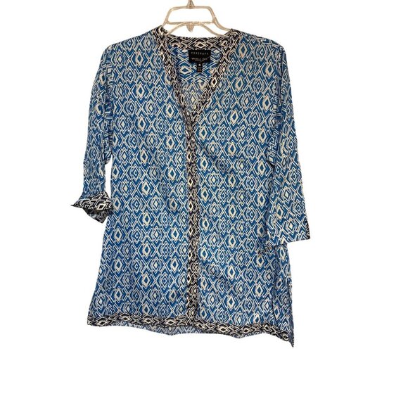 Foxcroft Womens Wrinkle-Free Shaped Fit Blue & White Geometric Pattern 3/4 Sleev - Picture 1 of 6